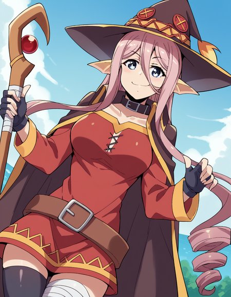 score_9, score_8_up, score_7_up, source_anime, <lora:meroune-lorelei-s1-ponyxl-lora-nochekaiser:1>, meroune lorelei, long hair, blue eyes, large breasts, hair between eyes, very long hair, pink hair, pointy ears, drill hair, monster girl, scales, mermaid, head fins, gills, <lora:megumin-cosplay-ponyxl-lora-nochekaiser:1>, megumin cosplay, megumin (cosplay), thighhighs, gloves, hat, dress, black gloves, belt, black thighhighs, fingerless gloves, cape, collar, witch hat, bandages, red dress, single thighhigh, asymmetrical legwear, bandaged leg,, staff, holding staff, smug, outdoors, looking at viewer, cowboy shot,, , dutch angle,