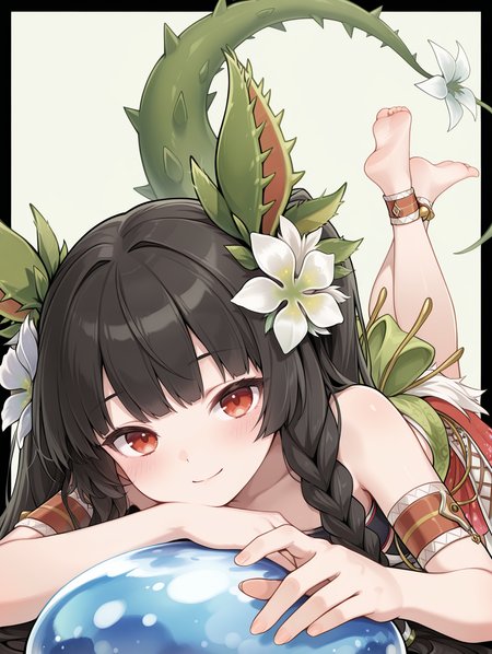 traptrix dionaea, 1girl, smile, solo, barefoot, on stomach, looking at viewer, blush, simple background, closed mouth, leg up, vines, venus flytrap ears, plant girl, white hair flower, red armband, white strapless shirt, white skirt, outstretched hand, black border, slime, red anklet, twin braids,
masterpiece,best quality,amazing quality,very aesthetic,absurdres,newest,<lora:Traptrix Dionaea illuXL v1.1:0.82>,