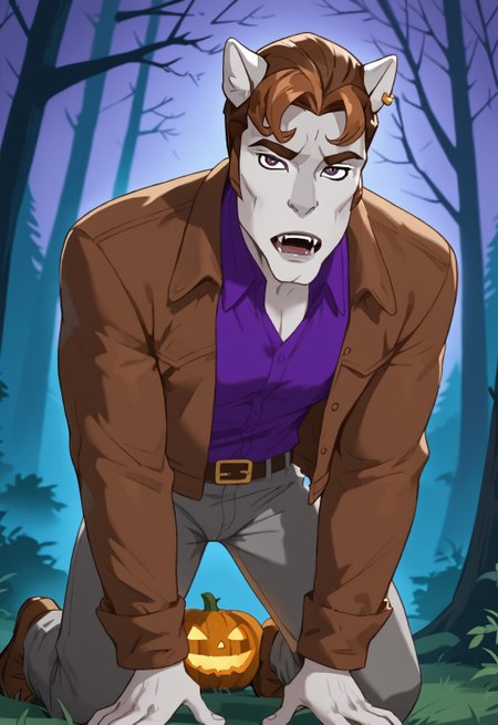 safe_pos, safe_pos, score_9, score_8_up, score_7_up, rating_nsfw, ultra hd, absurdres, solo, 1boy, masterpiece, best quality, best aesthetic, Expressiveh, wolfconf,

MHRomulus, werewolf, furry male, jacket, brown hair, purple shirt, crawling, hunting pose, looking at viewer, Halloween background, forest, howling, on all fours, grey pants