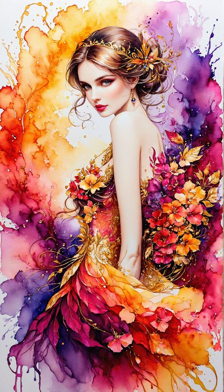 beautiful, gorgeous, stunning, attractive, lovely, exquisite, charming, alluring, ravishing, mesmerizing, breathtaking, radiant, picturesque, enchanting, splendid, elegant Silhouette Art, breathtaking ( FaeTastic beauty  extravaganza alcohol ink sketch).  day-glo palette and red + shiny gold color scheme
<lora:InkArtXL_1.2:0.4> <lora:FaeTastic:0.2> . . tour de force, masterwork, masterstroke, crowning achievement, gem, perfection, paragon, masterpiece of artistry, pinnacle of creativity, culmination, high quality, 8k resolution, detailed, focused