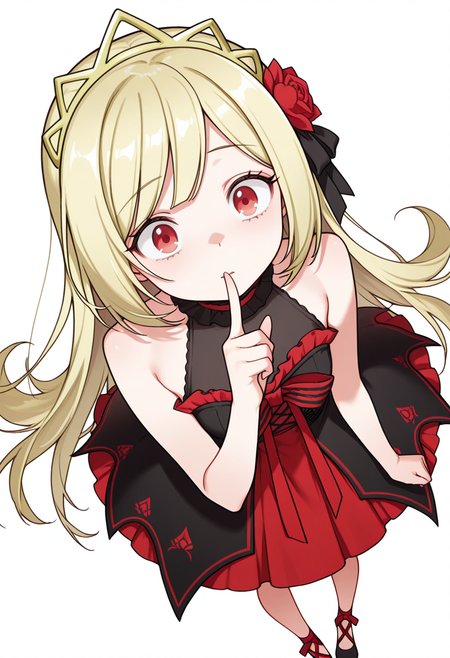 Smooth Quality,masterpiece,very intricate, high quality details, ultra realistic, high detailed skin,detailed enviorement,absurdres,
index finger raised,
 <lora:Ecute_CNR:0.8> ecute_cnr, 1girl, blonde hair, very long hair, red eyes, bare shoulders, black dress, sleeveless dress,  gothic fashion,tiara, hair flower,black footwear,, simple background, white background, from above,solo,, horrified,