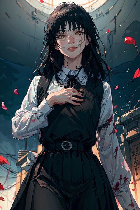 Masterpiece, best quality, photorealistic, realistic, yoru, 1girl, long hair, yellow eyes, scar on face, ringed eyes, pinafore dress, black belt, black ribbon, smile, petals, blood, hand on own chest, from below perfect lighting, ultra high res, photorealistic, ultra detailed, <lora:yoruChainsawMan_v1Beta:1>