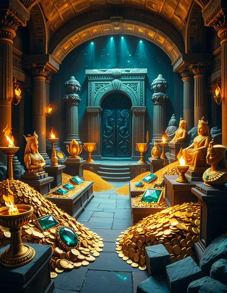 A hidden treasure chamber deep within an ancient temple, illuminated by the warm golden glow of torches and mystical blue light from enchanted crystals. The room is filled with piles of gold coins, jewel-encrusted goblets, and ancient artifacts covered in dust. Massive stone statues of forgotten deities guard the chamber, their eyes glowing faintly as if watching intruders. In the center, a grand pedestal holds a legendary artifactâan ornate golden crown encrusted with emeralds and sapphires, shimmering with an otherworldly aura. The walls are adorned with intricate carvings depicting lost civilizations, and creeping vines hint at centuries of abandonment. The atmosphere is mystical and slightly eerie, with a sense of both wonder and danger. The air is thick with the scent of aged parchment and burning incense, adding to the chamberâs ancient and mysterious feel. Cinematic lighting with dramatic shadows enhances the depth and richness of the scene, creating a visually stunning and immersive environment.
<lora:SDXLFaeTastic2400:0.4> <lora:extremely_detailed:0.4> extremely detailed, <lora:treasure_ch4mb3r:1>,treasure ch4mb3r, Masterpiece,best quality,hi res,8k,hi res,8k,award winning,(sharp focus, intricate, highly detailed),