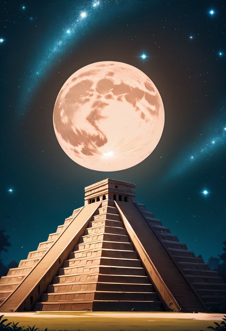 masterpiece, best quality, no humans,   Ch1chen, no humans, night, moon, star (sky), night sky, full moon, starry sky, ,<lora:ChichenItza_IXL_v1:1.0>,