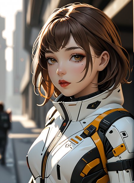 masterpiece,high resolution,shadow detail,natural light,
techwear, 
 1girl, solo, , looking at viewer, brown hair, lips, science fiction, , parted lips, blurry background
 <lora:TechWearXL:0.8>