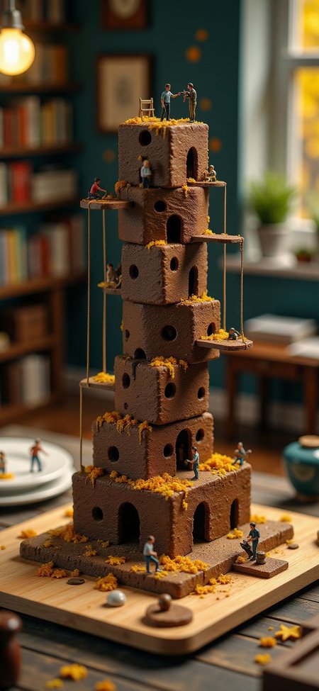 (indoors,indoor,isometric view,side view,tilt-shift lens:2), (fna_style,miniature,miniature,diorama,miniature,diorama,PVC,plastic:2),starry night,autumn giant (randomly multi stack up,multi layer of chocolate cake cubic vertical:2.5)  is located center, people are climbing with ropes, (in wooden square plate:3) (on table at study:3) <lora:Fantasy_Novel_Art_Style:1> <lora:Rostpunk:0.3>