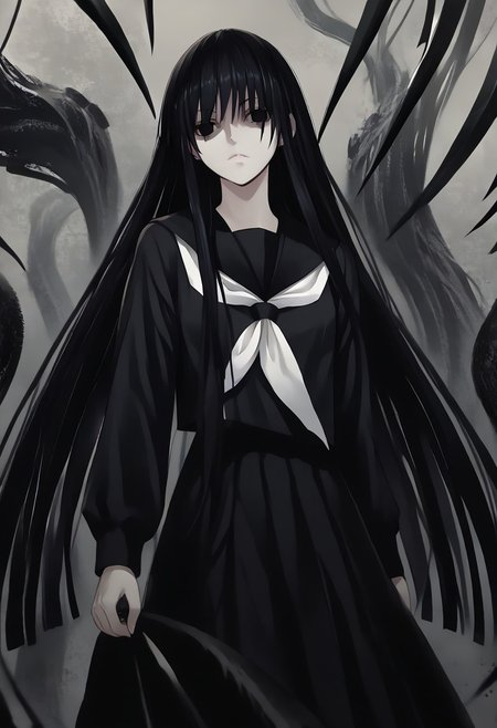 score_9, score_8_up, score_7_up, score_6_up, score_5_up, score_4_up, source_anime, 1girl, solo, 
hagoromo gitsune,shaded face,black eyes,empty eyes,black hair,very long hair, 
black serafuku,pantyhose,black sailor collar,black skirt, 
masterpiece, best quality, very aesthetic, absurdres,
