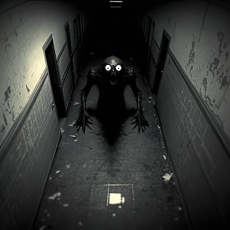 horrorcctvlora, abandoned hallway, horror (theme), monster, monochrome, bird view, looking at viewer