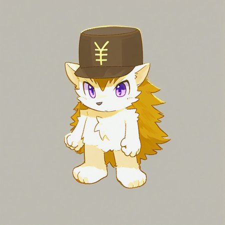 score_9, score_8_up, furry, conswayo_, cute style, cute, 2d, simple background, solo, kemono, hedgehog, hat with yen sign, male, full body, solo, male focus, hedgehog inaho, hat with japanese yen sign, purple eyes, beauty eyes, pure white body