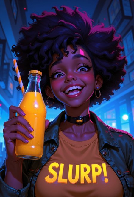 illustrious_style, a youthful teenager with a stunning purple afro-style hairdo proudly holds a glass bottle filled with refreshing mango juice. Her face radiates joy as she enthusiastically exclaims "SLURP!" in bold letters against a mesmerizing blue-lit background, the perfect blend of warm and cool tones.