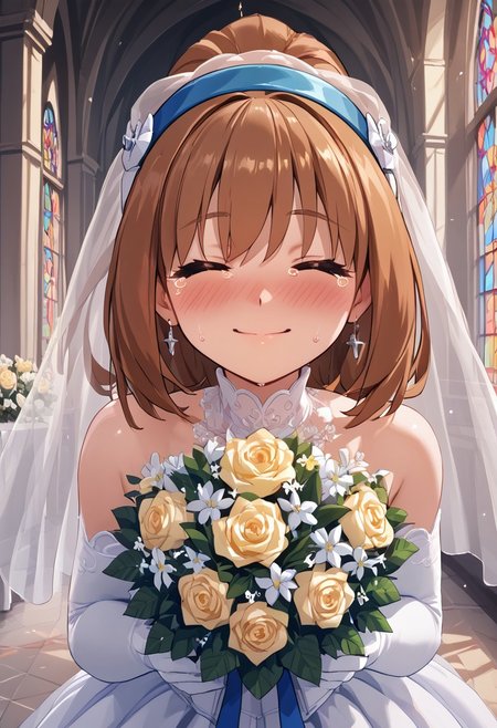 score_4,score_5,score_6,score_7_up,score_8_up,score_9 ((masterpiece,best quality,ultra detailed,highres,HD,4k:1.2)), 
1girl, solo,solo focus,girl focus,face focus,
Kohaku(iX),brown hair, orange eyes, ponytail, sidelocks, hair band, blue hairband,very small breast,petite,
wedding dress, wedding veil,bouquet, wedding ceremony, church,
 ((closed eyes)), looking at viewer,happy,smile,blush,tears,tears of joy,