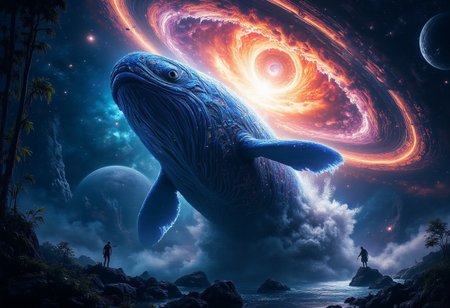 midjourneyv6.1, A breathtaking, hyperrealistic, cinematic view from a low angle, looking up at a colossal, bioluminescent space whale breaching through the swirling nebulae of a vibrant, alien planetary system. The whale's skin is iridescent, with intricate patterns of glowing algae and crystalline structures. Vast, futuristic space cities are scattered across the gas giant's rings, illuminated by the whale's bioluminescence and distant pulsars. Detailed, intricate, artstation, concept art, greg rutkowski, beksinski, cinematic lighting, 8k resolution, hyperrealistic, intricate details, otherworldly, awe-inspiring, masterpiece, award-winning.