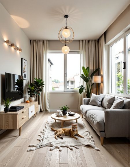 A photo of a cozy and stylish living room in a 30 sq.m studio apartment, designed in modern minimalism with personality and warmth. Light grey porcelain tile flooring with white wood texture, white soft rug in the center. A comfortable light-grey sofa against the far wall (opposite the window), floating TV console on the left wall under a flat-screen TV. the wall behind the TV has a stylish design solution, highlighting the TV area in a special way. beautiful lighting and chandelier.
One large window on the right side lets in natural soft daylight. The walls are painted light beige with a textured plaster finish. Add warm indirect lighting, a few green indoor plants, and artistic decor with soul — like handmade art or a personal photo. No yellow tint, keep colors neutral and soft. Include a real-looking playful cat on the rug or sofa, not stylized. The space should feel peaceful, lived-in, and personal — not like a showroom. The overall decor combines modern and classic elements, creating a serene atmosphere.    <lora:fluxenhancer:0.9>   <lora:CTAI-I.Japandi:1> CTAi Interior Japandi