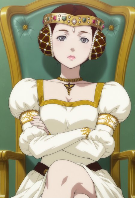 anime screencap, anime coloring,  <lora:DX888Charlotte:1> charlotte, grey eyes, brown hair, lips, double bun, princess, hair ornament,necklace,puffy sleeves,
 BREAK simple background, green  background, BREAK sitting, 1girl,chair, crossed arms, crossed legs, looking at viewer, solo