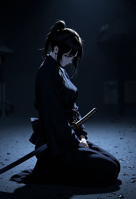 anime_martz, mythp0rt, LowKeyLights_v2, In the pitch-black night, a lone female samurai knee, partially covered in shadows, ls on one knee, the silence around her heavy with tension. Her katana is held horizontally across her chest, the blade glinting faintly in the moonlight. With calm precision, she presses the inside of her arm against the tip of the blade, using the crook of her elbow to stabilize the sword. Her posture is deliberate and controlled, the weapon held firm in a delicate balance between honor and readiness. The dark, cold night amplifies her solitude, as her intense focus reveals both strength and grace in this quiet, poised moment  <lora:Chiaroscuro Lighting Style v1:1.2>  <lora:anime_martz:1> <lora:FluxMythP0rtr4itStyle:0.45> <lora:low-key_lights_v2:0.3>