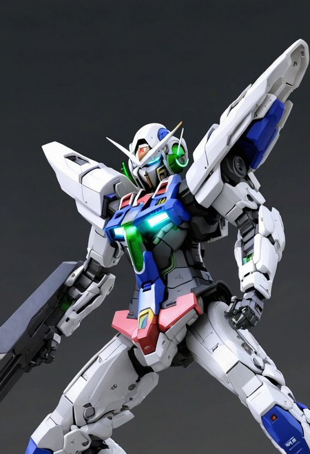 concept art, digital art, illustration, (source_anime), gundam_00, gundam, gundam_exia,  gn_drive, gn_particles, v-fin, white_armor, blue_armor, grey_armor, glowing_eyes, green_eyes, light_particles, sparks, sword, weapon, mecha, mobile_suit,robot, no_humans, science_fiction,