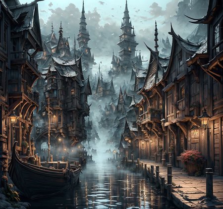 RAW photo, (masterpiece:1.3), subsurface scattering, heavy shadow, (high quality:1.4), (intricate, high detail:1.2), professional photography, HDR, High Dynamic Range, realistic, ultra realistic, photorealistic, high resolution, film photography, ambient lighting, atmospheric effects, <lora:detail_slider_v4:2>, OverallDetail,  <lora:Laketown:1>,fantasy, houses, laketown, fog, lake, street, alley, boat