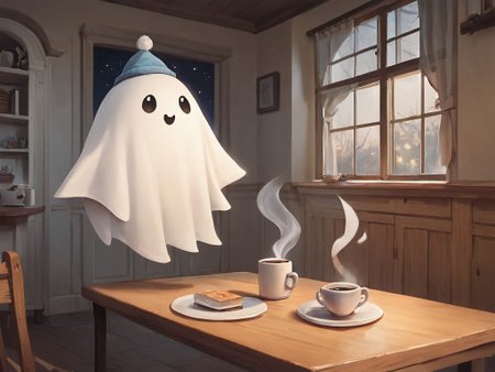 score_9, score_8_up, score_7_up,manga, comic, funny, cute, smile, white ghost,simple drawing, arms, in an old manor, night, flying, tail, 1 ghost, indoors, drinking coffee, sit, table, in kitchen, funny hat, tired<lora:white_ghost:1>