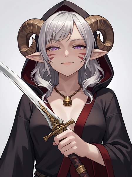 <lora:kriegsmesser:0.7>((kriegsmesser:1.5,holding weapon):1.4),   silver sword, holding sword, solo
, source_furry, score_7_up, rating_safe, cowboy shot, gold necklace, tiefing, short pointed ears, brown horns, (a pair of brown sheep Horns that begin at her temples and curve back: 1.5), bangs, long silver hair long wavy hair, pale skin, <lora:whisker_markings:0.8>red whisker_markings ,short pointy ears, purple eyes, <lora:age_slider_v4:0.6>   medium breasts, skinny female, close up, silver hair, <lora:Tieflingnew weird fantasyDND:0.3> Tiefling, pointed ears, horns, half-closed eyes<lora:Smooth Style 2 SDXL_LoRA_Pony Diffusion V6 XL:0.5> bell, robe, hood off, from below, naughty face,
