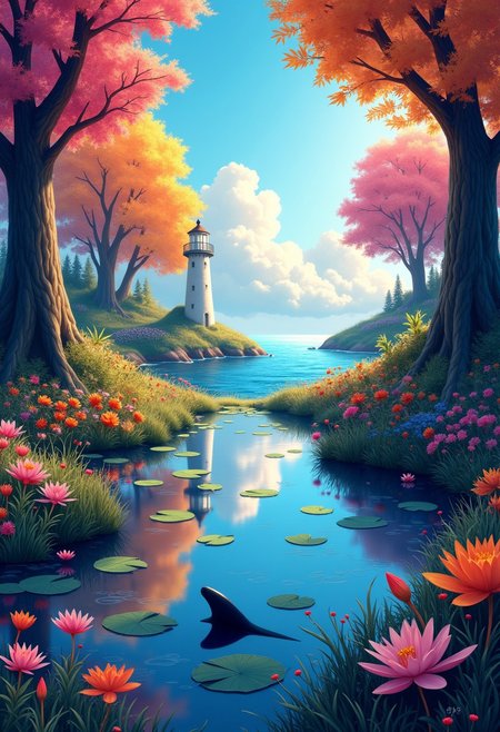 pscho_4rt,mythp0rt,very wide angle, put subject further away, small subject, A serene, colorful digital illustration from a bird's eye view about a tranquil forest scene with a serene pond surrounded by vibrant foliage and colorful flowers. the image features a vibrant, ethereal atmosphere with a soft, glowing light filtering through the trees, creating a magical ambiance. on the left side of the image, a lighthouse reaching up towards the sky, is surrounded by sunset sea a variety of colors, including shades of blue, violet, yellow, orange and pink. the water in the ocean is still and reflects the surrounding foliage, with lily pads floating on the surface. in the foreground, a single dorsal fin, adding a touch of beauty and serenity to the scene. the background features a clear blue sky with fluffy white clouds, adding to the peaceful and tranquil atmosphere. the scene is bathed in soft, golden light, giving it a dreamy and ethereal quality.  autumn, flower, outdoors, sky, day, cloud, water, blue sky, tree, leaf, pink flower, nature, sunlight, pond, autumn leaves, nature background  camera_angle: from the side, art_style: digital illustration, location: seaside, forest, background: A serene forest with trees, water lilies, and colorful foliage