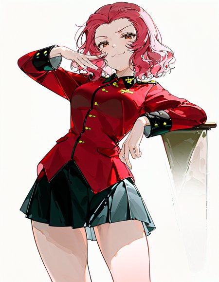 rosehip \(girls und panzer\), girls und panzer, 1girl, brown eyes, red hair, short hair, medium hair, st. gloriana's military uniform, military uniform, st. gloriana's military uniform, pleated skirt, long sleeves , cowboy shot, looking at viewer, smug, simple background, white background, 
<lora:z3zz4_075:0.75>, z3zz4, 
(masterpiece, best quality, very aesthetic, highres, absurdres,:1.4), 
<lora:spo_sdxl_10ep_4k-data_lora_webui:0.85>, <lora:illustrious_noobai_epsilon_pred_1_best_quality_v1:0.75> , <lora:add-detail-xl:0.35> ,
<lora:ponyv5_noobE11_1_adamW:0.35>, <lora:lora:0.5><lora:HandFixer_pdxl_Incrs_v1:1><lora:HandFixer_pdxl_Incrs_v1:1><lora:HandFixer_pdxl_Incrs_v1:1><lora:HandFixer_pdxl_Incrs_v1:1>