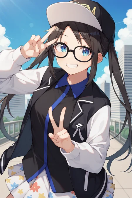 score_9, score_8_up, score_7_up, source_anime,  <lora:mitsumine_yuika_XL:0.8>, yuikamitsumine, 1girl, solo, black hair, long hair, baseball cap, black headwear, twintails, blue eyes, glasses, black-framed eyewear, black jacket, open jacket, two-tone jacket, white sleeves, long sleeves, black shirt, collared shirt, blue collar, two-tone shirt, white skirt, miniskirt, pleated skirt, print skirt, looking at viewer, smile, teeth, v, hand up, outdoors, city, cowboy shot