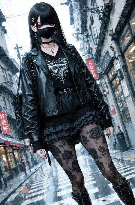 score_9, score_8_up, score_7_up, absurdres, highres, masterpiece, best quality, amazing quality, 1girl, solo, long black hair, black face mask, hairclip, black leather jacket, black sweater, choker, jewelry, necklace, bag on shoulder, black frilled skirt, patterned pantyhose, leather knee boots, thighs, intricate details, dynamic pose, dynamic angle, volumetric light, depth of field