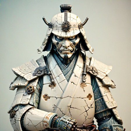 cracked porcelain samurai statue, weathered, fractures revealing gears, clockwork mechanisms, steampunk, reborn, detailed textures, muted color palette, vignette, centered composition