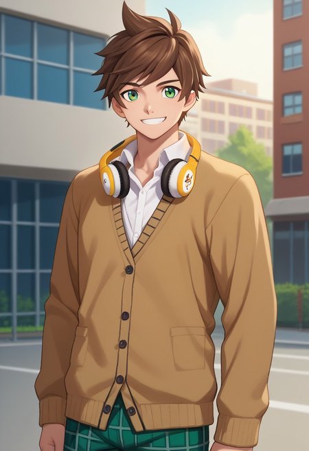 score_9, score_7_up, source_anime
sorey, 1boy, male focus, solo, green eyes, brown hair, short hair, school uniform, shirt, white shirt, cardigan, brown cardigan, earphone around neck, pants, green pants, plaid pants, smile, grin
outdoor, contemporary, buildings,