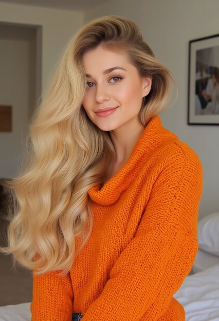 photo of a supermodel with an extraordinary, voluminous hairstyle. She has a perfect stunning smile with straight white teeth. She has long, flowing, blonde hair that cascades down her back and around her shoulders, creating a huge and voluminous flowing effect. The hair is styled in loose waves and curls, giving it a luxurious, almost ethereal appearance. Wavy hair texture. The woman's face is adorable and natural, with striking hazel eyes. She wears a orange cowlneck sweater that looks oversized and soft.