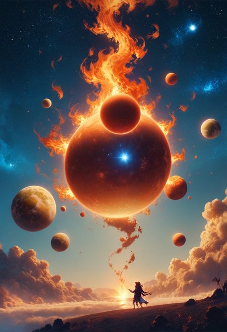score_9, score_8_up, score_8_up, planet earth, space, dark theme, masterpiece, planet engulfed in fire, composed of fire elements dark, fire element, warm glow, backlit,  <lora:add-detail-xl:0.4> <lora:Fant5yP0ny:0.8>