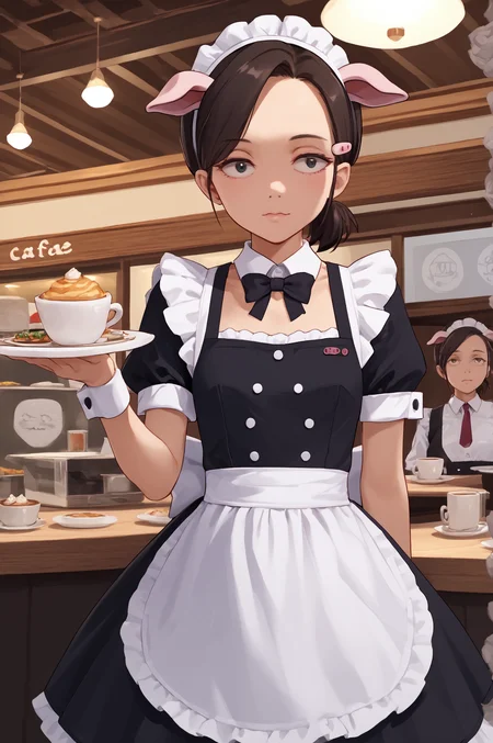 score_9, score_8_up, score_7_up, score_6_up, score_5_up, score_4_up, (high quality, detailed, beautiful)  <lora:Manager_epoch_8:0.99> yasuko_yaegashi, small_breasts, maid, cafe, fake_animal_ears, pig_ears,