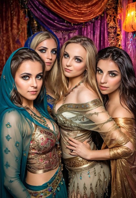 Harem of extraordinarily beautiful, ladies,  belly dancers,  Veiled with sheer silks vintage, , magical, alluring, sultry,  eye catching, bright, OverallDetail, Magical  background fantasy, perfect faces and eyes, hyper-detailed hypermaximalist dynamic style