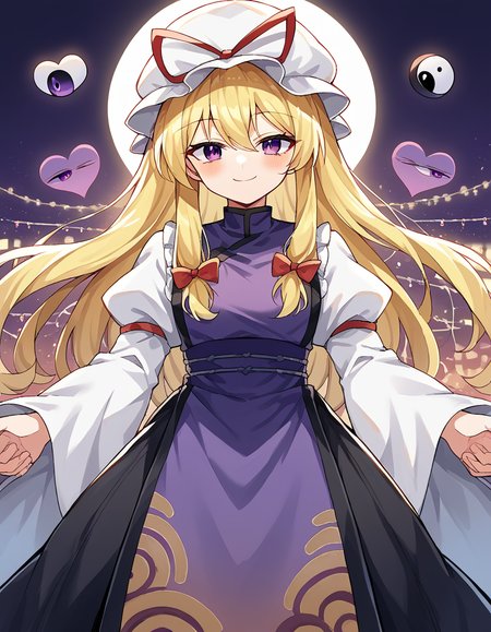 score_9, score_8_up, score_7_up, source_anime, <lora:yukari-yakumo-ponyxl-lora-nochekaiser:1>, yukari yakumo, purple eyes, blonde hair, sidelocks, long hair, hair bow, bangs, multiple hair bows,, dress, hat, hat ribbon, juliet sleeves, layered dress, long sleeves, mob cap, puffy sleeves, purple tabard, tabarad, white dress, white hat, wide sleeves, ying yang, yin yang print,, nightclub, lights, music, dance, drinks, smile, <lora:finger-heart-ponyxl-lora-nochekaiser:1>, finger heart, heart, blush, smile,, looking at viewer, solo,, dutch angle, cowboy shot
