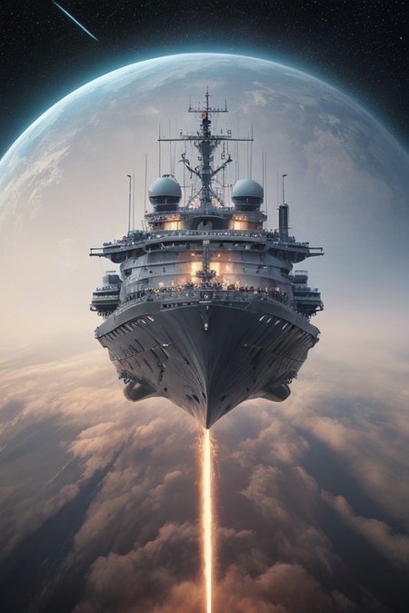 high quality, 8K Ultra HD, highly realistic, The great and sleek ship is moving forward, blasting through space. Embark on an enchanting 8K photorealistic journey as a magnificent starship blasts through a star system.  The ship gracefully flies among other ships. The starship's design boasts advanced tecnological elements. The camera captures every minute detail, by VelvetS, octane render, Isometric, 
<lora:DonM3t3rn1tyXL-v1.1:0.7>, DonM3t3rn1tyXL,
OverallDetailXL  <lora:MJ52:0.3>  <lora:SDXLFaeTastic2400:0.4>