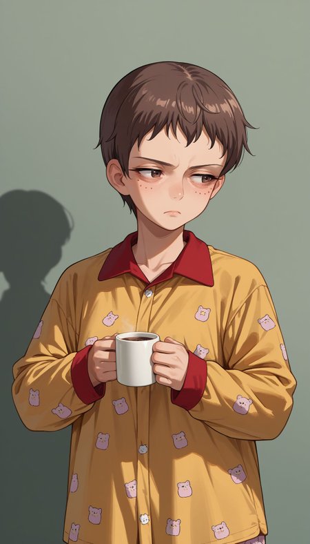 score_9, score_8_up, score_7_up, source_anime, ,
 <lora:Naomi:1> 1girl, naomi (girls und panzer), brown hair, brown eyes, freckles, very short hair,  tired, looking away, standing, holding coffee mug, bags under eyes, pajamas