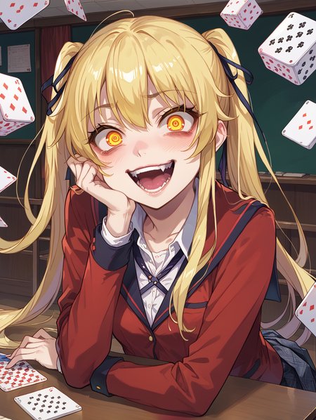 score_9, score_8_up, score_7_up,source_anime,BREAK, Saotome_mary,
school uniform, (head_rest:0.8),
 (crazy_eyes, crazy, laughing:1.1), dice, rolling dice, looking at viewer, glowing eyes, yellow eyes, table, blush, 
<lora:Saotome_mary:1>