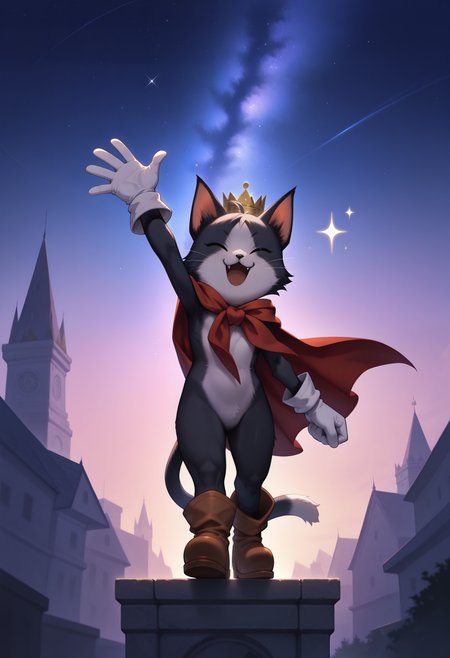 best quality, newest, absurdres, highres, (masterwork, masterpiece, best quality, hyper-detailed :1.3), 

1boy, solo,

c41t, cat boy, crown, cape, boots, white gloves, closed eyes, looking at viewer, waving, sparkles, stars,

outside, random area, 