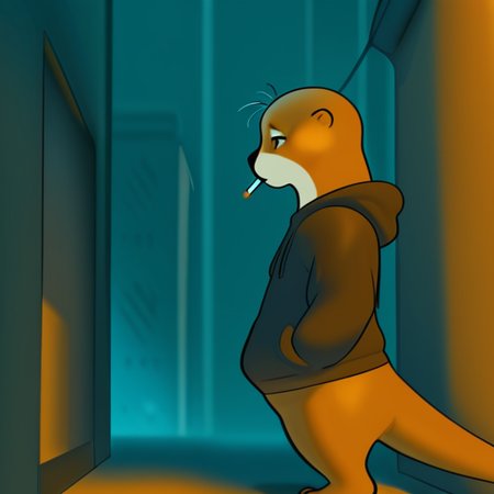 <lora:Inkune-09:1>inkune,
masterpiece,best quality,amazing quality, sfw,
BREAK
solo, otter, male, no human,
BREAK
1boy, no hair, fussy hair, displeasure expression, tired, hoodie, hood,
standing, smocking, 
from side, half body, night, dark ambient, cigarette light, alley, focus face