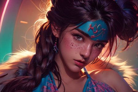 Close Up Portrait, Awesome dark 80s ninja Artwork, Lots of Freckles, Wooly Nude petite girl, camera Focus, neon fluffy, wooly leotard with Cotton/Fur Pantyhose, Long skirt, colorful bright vibrant Art nouveau Background, high quality