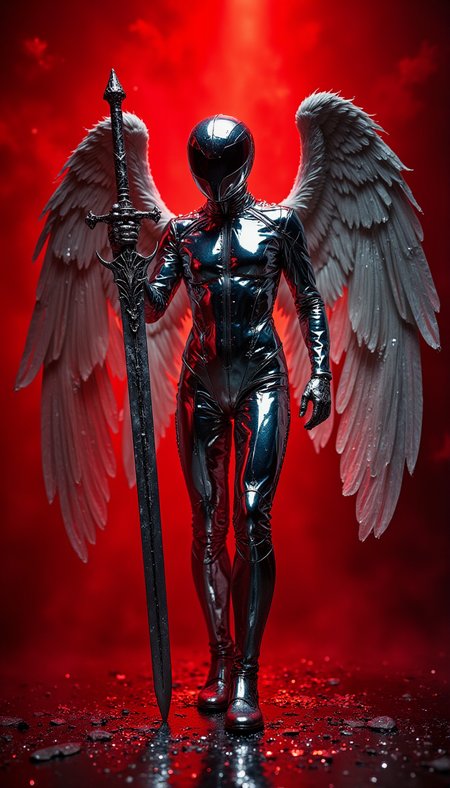 secretlab, hyper realistic high definition photography image of a angel we aring a chrome suit, the suit looks futuristic lights up and studd ed with silver crystals ,shining silver wings, long silver glistenin g gothic looking sword stuck in the ground " in striking style, ta il and thin , longleg, immersed in some kind of fantasy, red background, very low light, each detail in high definition ,full bo dy shot, upward view ，uhd