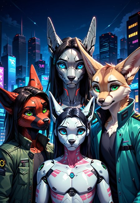 score_9, score_8_up, score_7_up, score_6_up, photorealistic, epiCPhotoGasm-colorfulPhoto, Realistic, highres, super high resolution, 8k, photo, furry, Furry, anthro, fur, male, fennec, brown fur, implanted eyes, robot face, robot face, he has gold plate on the head,  implanted forehead, blue glowing eyes, metal head, gold forehead, metal eyes, sad, long black hair gathered in a long ponytail, black hair, metallic head, metal face, he has implanted face, close-up, long dark green thick coat, green coat,  black leather shirt, black tight pants, long black hair, implants, implant eye, robot, furry,  cyberpunk, night, cyber city, cyberpunk city, metallic eyes, metallic fur, robot, thin body, night, city, cyberpunk city, cyberpunk, realistic, detailed, detailed fur, 