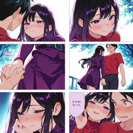 highres,ultra-detailed,illustration,colorful,masterpiece,extremely detailed,8k , manga art style , multiple panels , (1girl , black hair , violet dress , cute face ) , (1boy , black hair , red shirt) , holding hands , strolling in the park , blush ,  soft lighting , absurdes