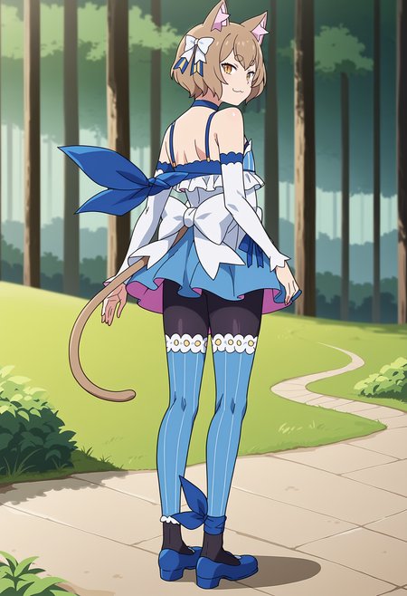 score_9, score_8_up, score_7_up, BREAK,
 <lora:FelixXL-000001:1>,1boy,solo,animal ears, hair bow, cat ears, brown hair, short hair, bangs, sleeveless dress, brown eyes, white bow, blue choker, bare shoulders,thick eyebrows, detached sleeves, looking at viewer, dress bow, pendant, cat tail, black pantyhose, arm ribbon, standing, slit pupils, smug, eyelashes, :3, thighhighs over pantyhose, blue footwear, ankle ribbon, blue thighhighs, otoko no ko, 
standing, full body, from behind, looking back, 
outdoors, forest,
anime screencap,