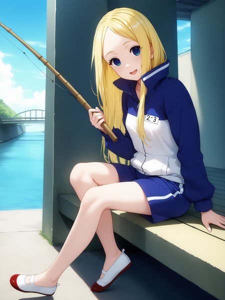 pixiv masterpiece, source_anime, score_9, score_8_up,  score_7_up, score_6_up, absurd res, BREAK
 <lora:Nino_arakawa_under_the_bridge_illu_v24-000017:1>, nino_arakawa_il, 1girl, solo, tracksuit, number_tag, blue_shorts, looking at  viewer, full body, uwabaki_shoes,small breasts, open mouth, sitting, holding  fishing rod,  water,  sunny day, (bridge:0.85),