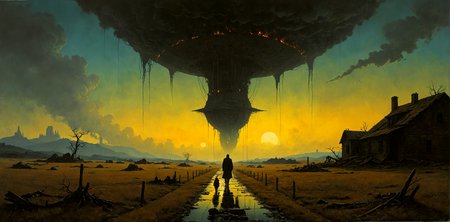 <lora:zavy-cntrst-sdxl:1.3> Panoramic shot, Envision a piece of art that combines the dark, gritty atmospheres of ZdzisÅaw BeksiÅski, Jeff Jones with the vibrant, dynamic styles of Simon Stalenhag, Norman Rockwell to create a sense of wonder and unease, inspired by the imaginative styles of Kinuko Y. Craft, Boris Vallejo and brought to life by the visionary styles of Andrew Wyeth, Ian McQue. <lora:add-detail-xl:1.5><lora:Consistency Corrector XL:0.4>