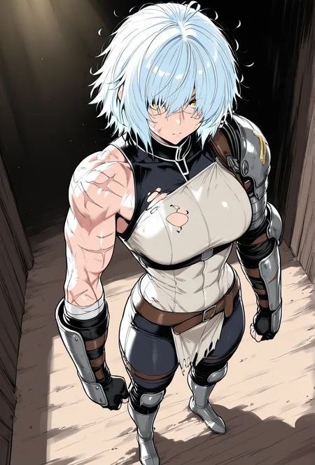 (masterpiece, best quality, ultra-detailed:1.4),
solo,1girl, (light blue hair:1.3), short messy hair, bangs,
(yellow eyes:1.5), (battle-worn expression:1.3), (scar over one eye:1.5), (intimidating aura:1.3),
(hair covering one eye:1.5), (bangs covering left eye:1.4), (left eye obscured by hair:1.4), (hair over eye:1.3),
(battle-hardened:1.4), (war veteran:1.3), (many scars:1.3), (visible wounds:1.2), (weathered face:1.2), (dirt and grime:1.2),
(toned arms:0.6), (muscle tension visible:0.3), (slim but athletic build:1.1), (strong female warrior:1.1),
(full body:1.3)à¸¡
(dynamic lighting:1.3), (gritty, rough textures:1.2), light armor, medieval cloth,
looking at viewer, (hair slightly messy:1.2),
fullbody, (torn and worn-out fighter outfit:1.2),
 <lora:VioletV2:1>