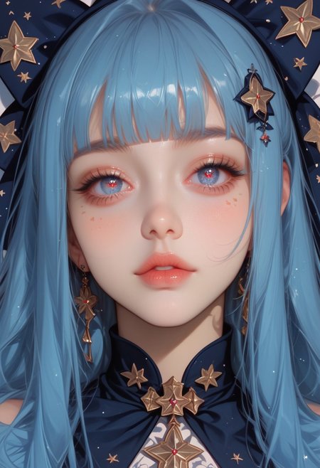 Expressiveh, morimee_style, jsyu_style, 2025. 04, 
(1girl, solo), masterpiece, best quality, amazing quality, Perfect details long hair, blue eyes, blue hair, multicolored eyes, looking at viewer, blush, parted lips, hair ornament, bow, jewelry, hair bow, earrings, blunt bangs, star \(symbol\), star-shaped pupils, symbol in eye, star in eye, close-up, portrait, eye focus, Colorful themes, High Saturation, haiz_ai, no lineart, no outline