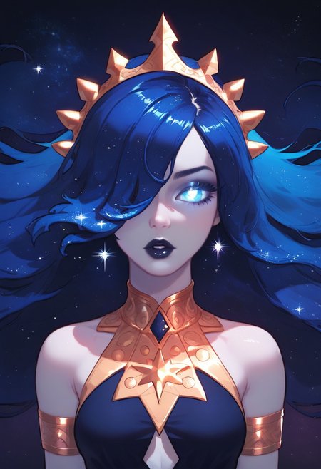 score_9,score_8_up,score_7_up, 1girl, white pale skin, galaxy hair, straight hair, hair covering one eye, glowing eyes, eyeshadow, dark blue lips. goddess of night, wearing intricate gold crown, baggy galaxy tunic, hips cutout, sleeveless, armlets, intricate gold ornaments, dark galaxy background