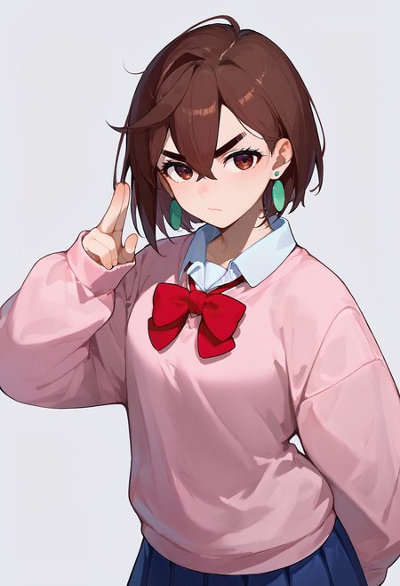 score_9, score_8_up, score_7_up, kuji-in, (serious:0.6), simple background,
4y453, 1girl, brown hair, earrings, brown eyes, hair between eyes, short hair, thick eyebrows,
sch007, pink sweater, baggy clothes, white colared shirt, red bow tie, blue skirt, pleated skirt, school uniform,
<lora:P-AyaseMomo:0.7>
<lora:kuji-in_1_pony_d32:1>